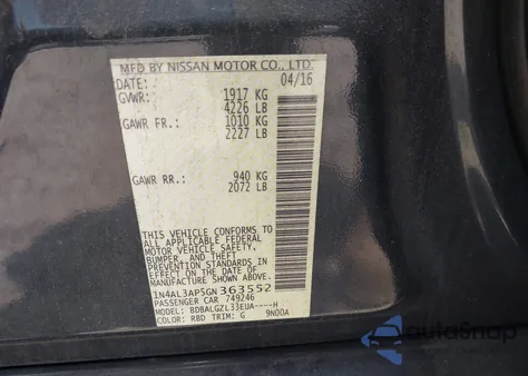 2016 Nissan Altima 2.5 S z USA, uszkodzony, nr VIN 1N4AL3AP5GN363552